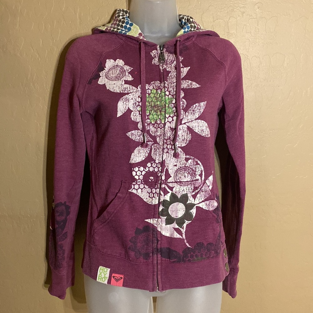 ROXY Medium FULL ZIP HOODIE snap hem Roxy tags polka-dot lined hoodie